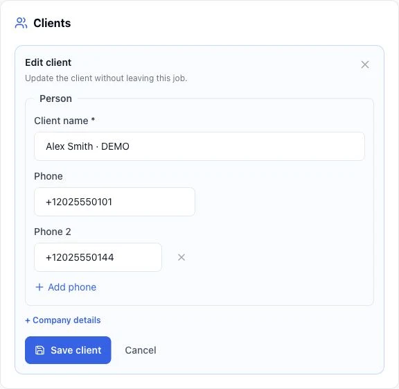 Customer details are prefilled and can be updated directly from the job.