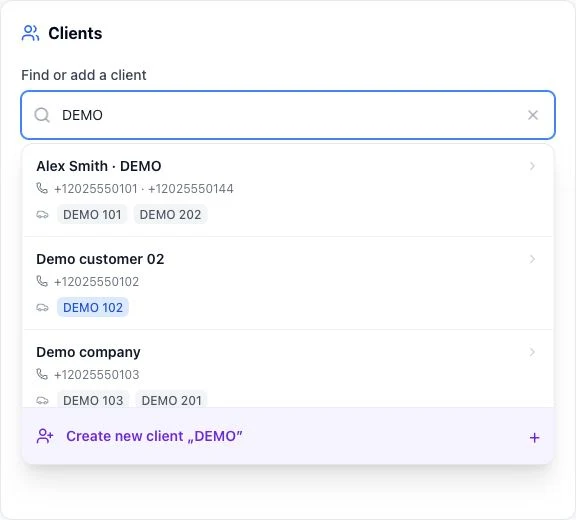 Names, phones and vehicles in search results, with quick customer creation.