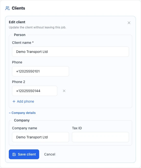 Update transport company details and phone numbers directly from the repair order.