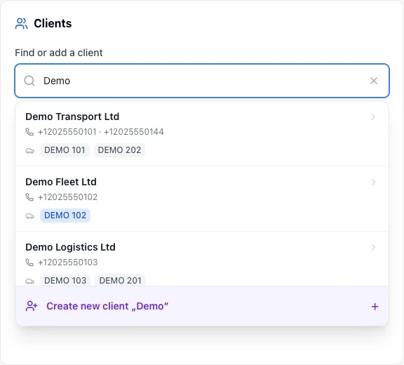 Search for a transport company by name, phone or truck registration and identify the correct vehicle.
